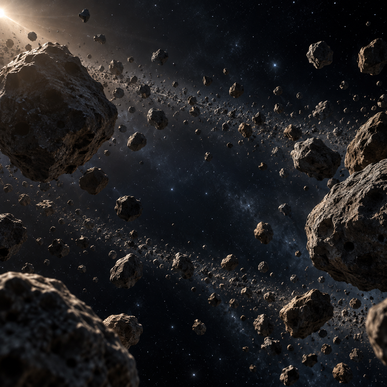Illustrazione artistica di un campo di asteroidi per la mappa interattiva