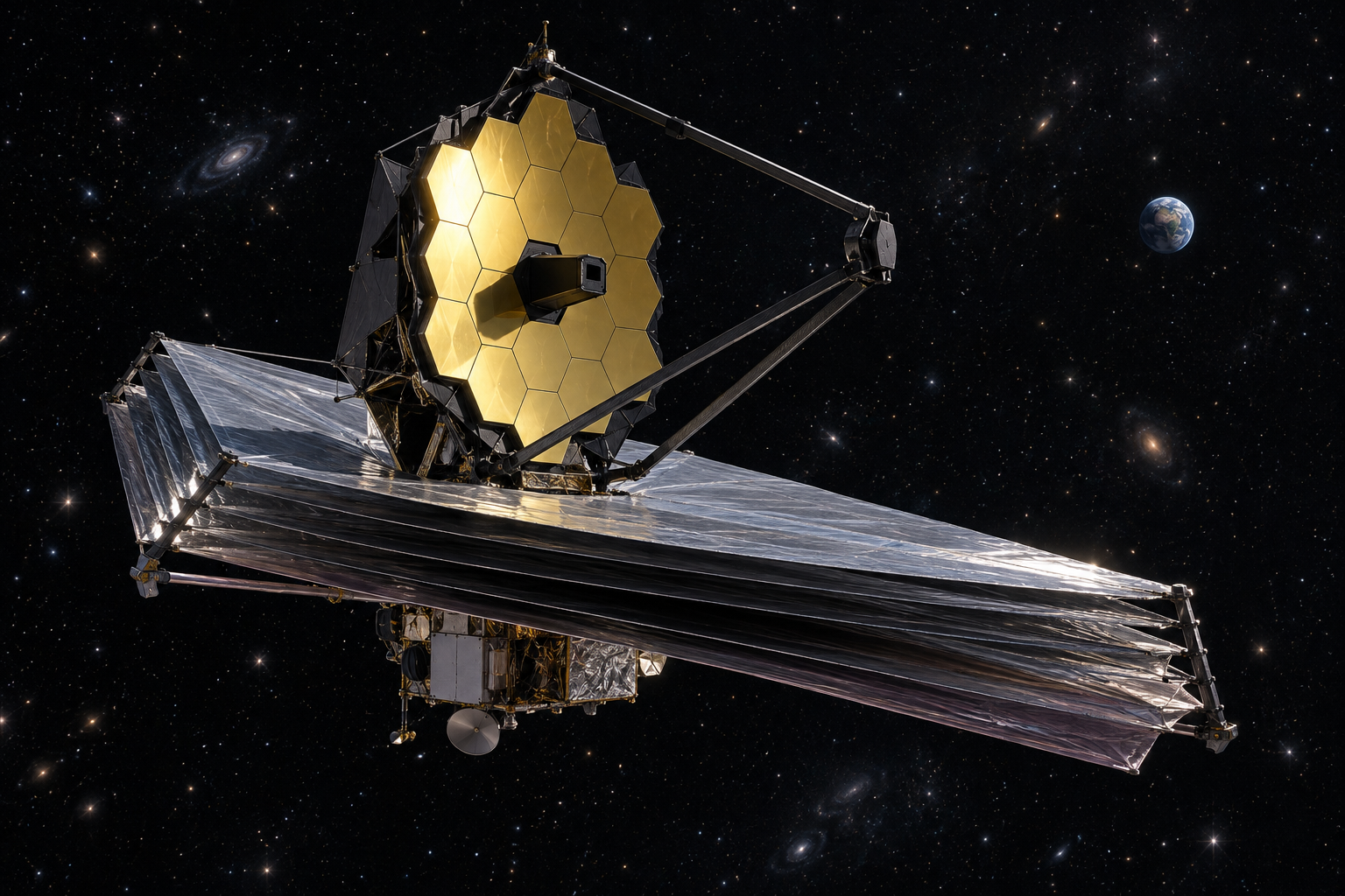 Osservatorio spaziale con specchio segmentato in una regione lontana dalla Terra